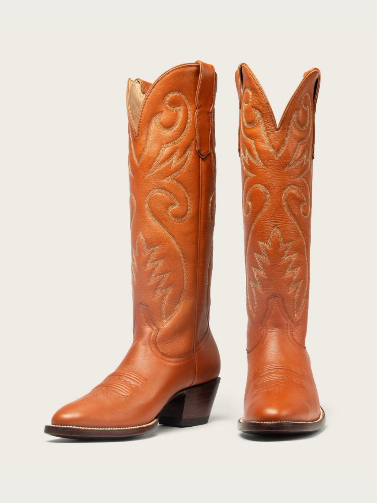 Cinnamon Brown Embroidery Almond-Toe Wide Mid Calf Tall Cowboy Boots For Women