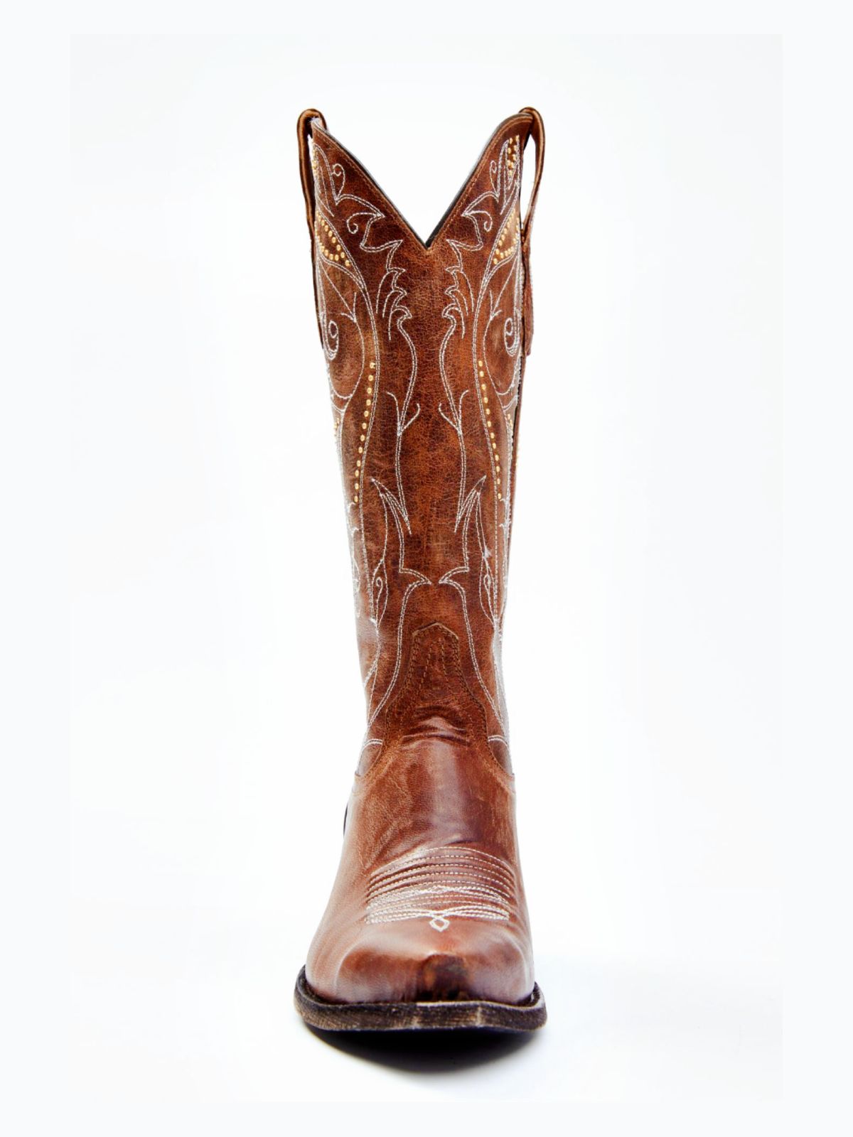 Brown Snip-Toe Studded Embroidery Wide Mid Calf Tall Cowgirl Boots