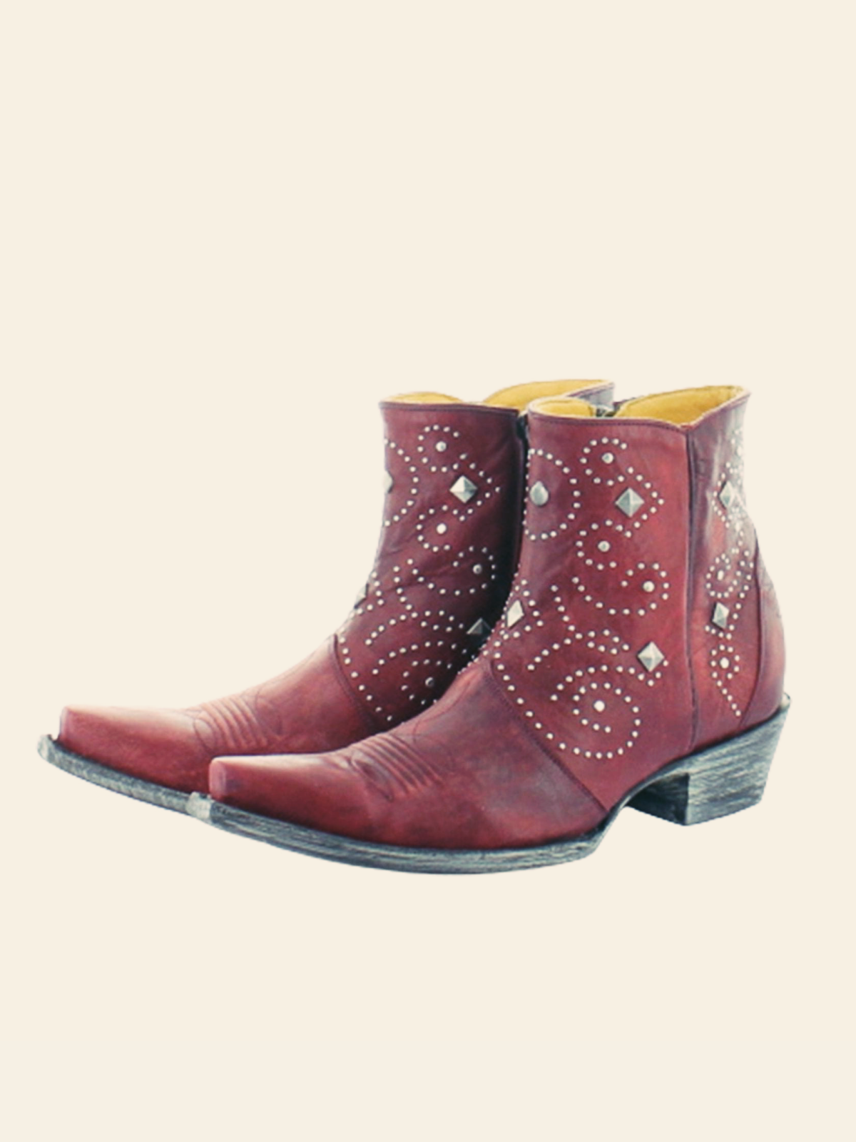 Red Snip-Toe Studded Full-Zip Short Mid Calf Cowgirl Boots