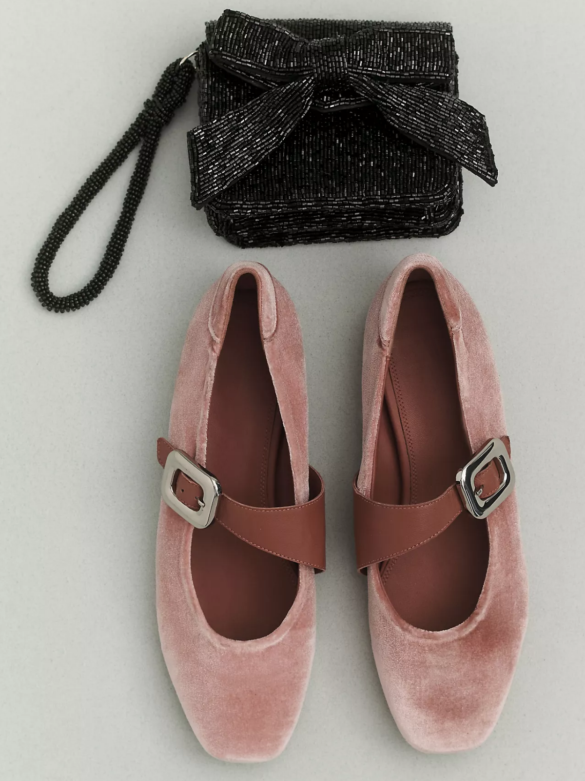 Light Pink Velvet Square-Toe Ballet Wide Bridge Strap Flats