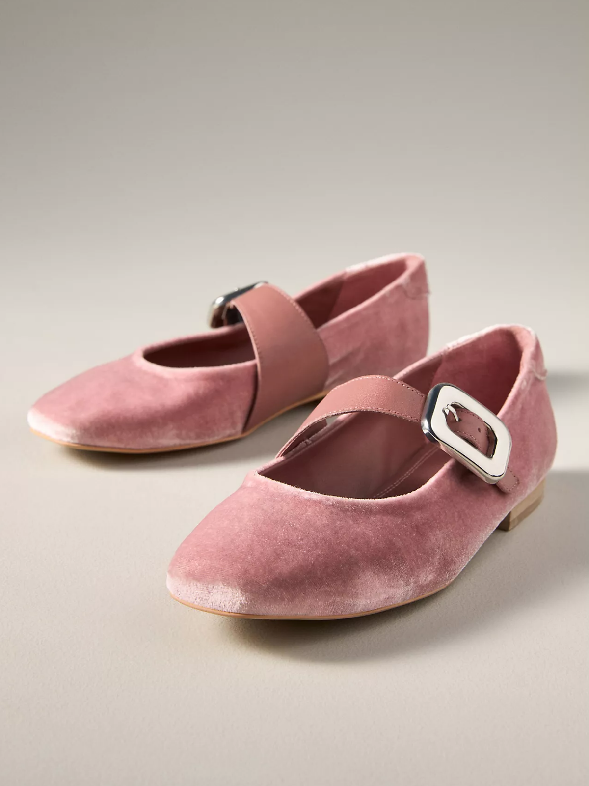 Light Pink Velvet Square-Toe Ballet Wide Bridge Strap Flats