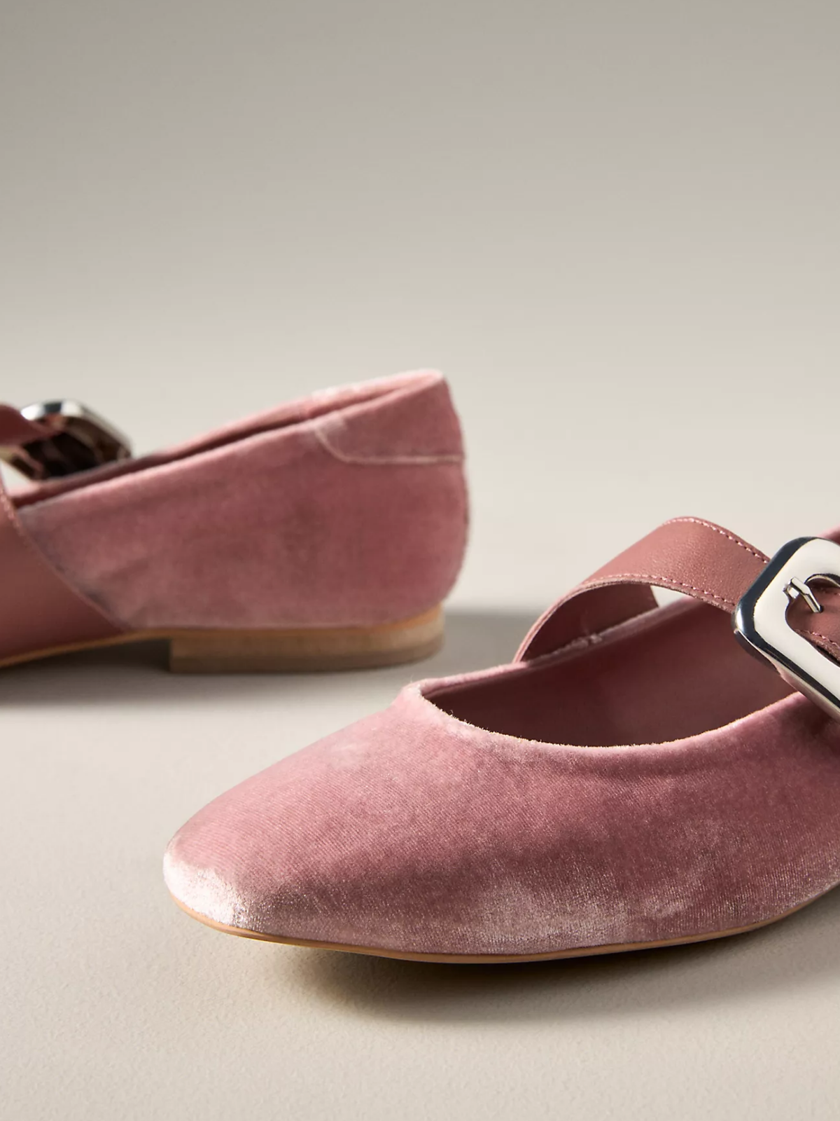 Light Pink Velvet Square-Toe Ballet Wide Bridge Strap Flats