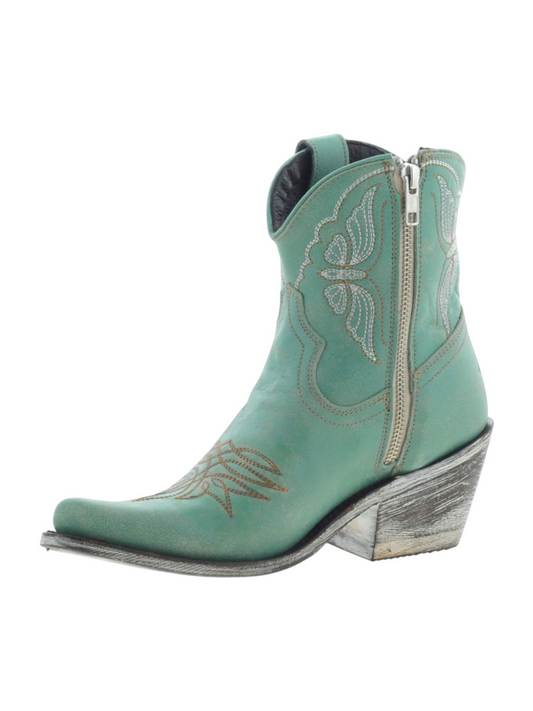 Butterfly Embroidery Almond-Toe Full-Zip Ankle Booties - Aqua