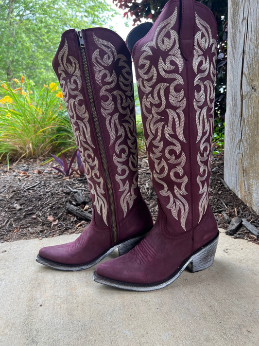 Round Pointed-Toe Embroidery Full-Zip Tall Knee High Cowgirl Boots - Burgundy