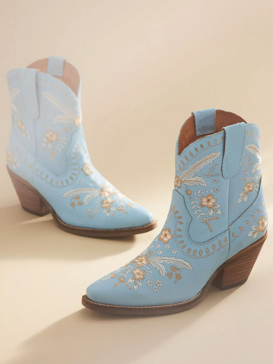 Colorful Floral Embroidery Snip-Toe Ankle Booties - Blue