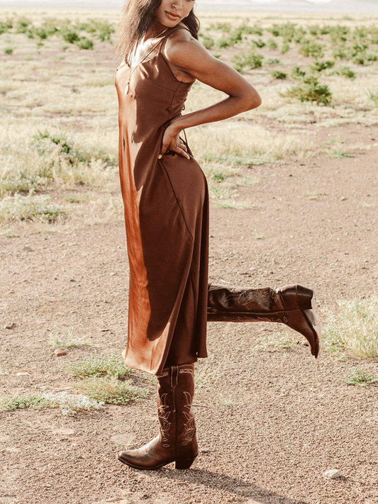 Brown Leaves Embroidery Almond-Toe Wide Calf Western Boots Knee High Tall Boots