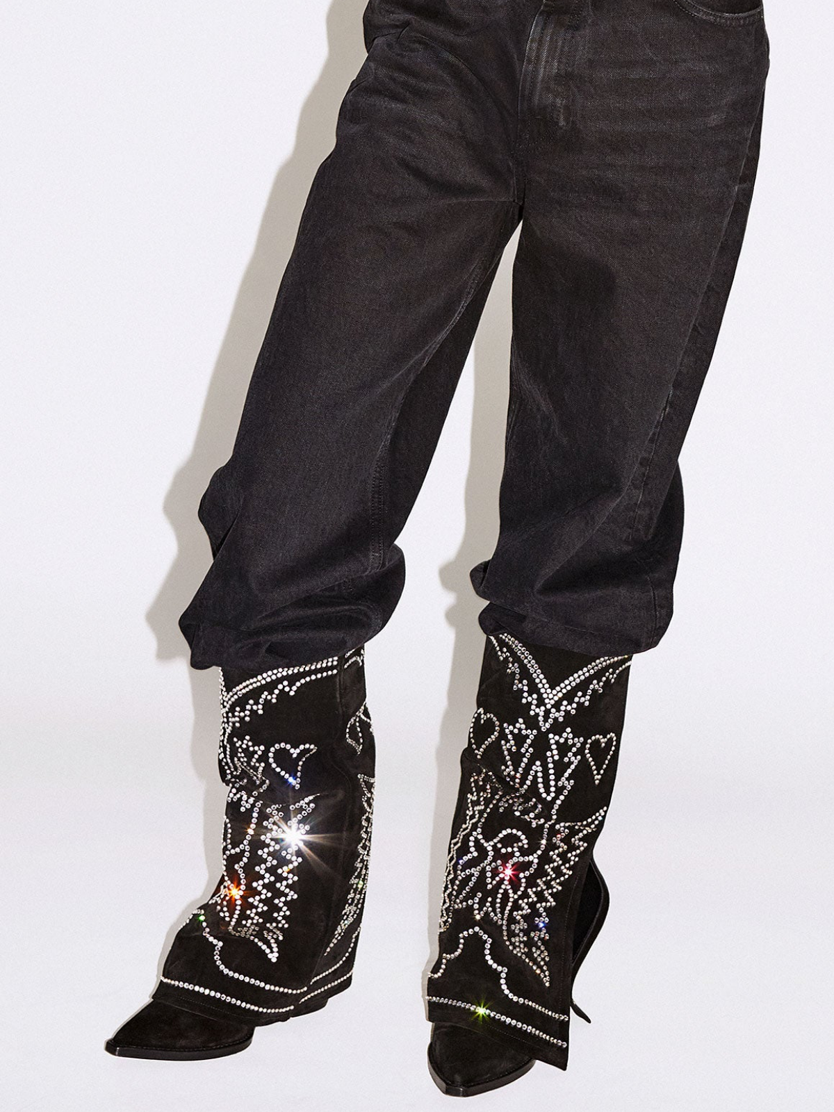 Fold-Over Panel Eagle And Heart Embroidered Rhinestone Snip-Toe Wide Mid Calf Boots - Black Faux Suede