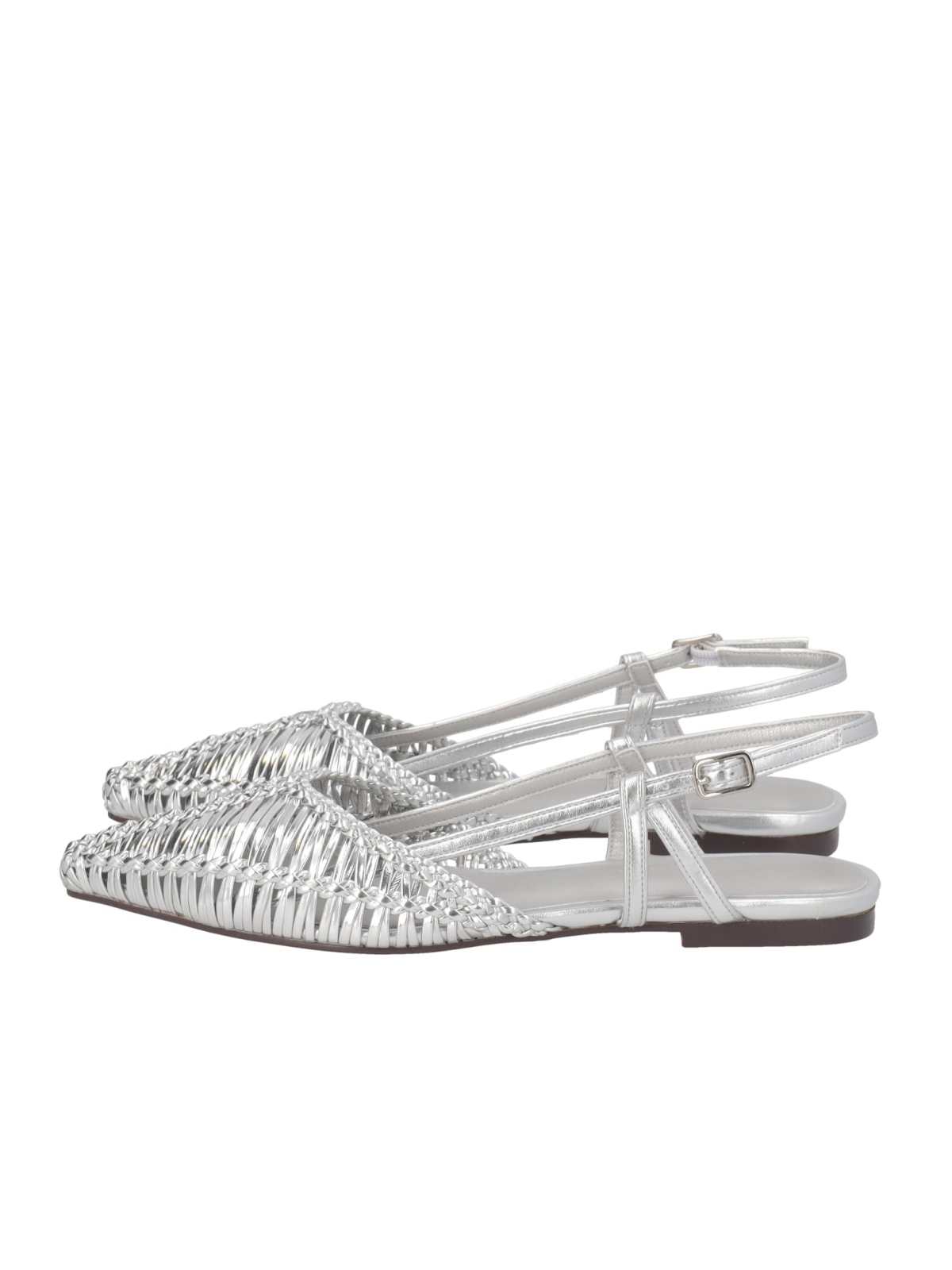 Metallic Silver Woven Pointy Slingback Ballerinas Flats With Buckled Strap