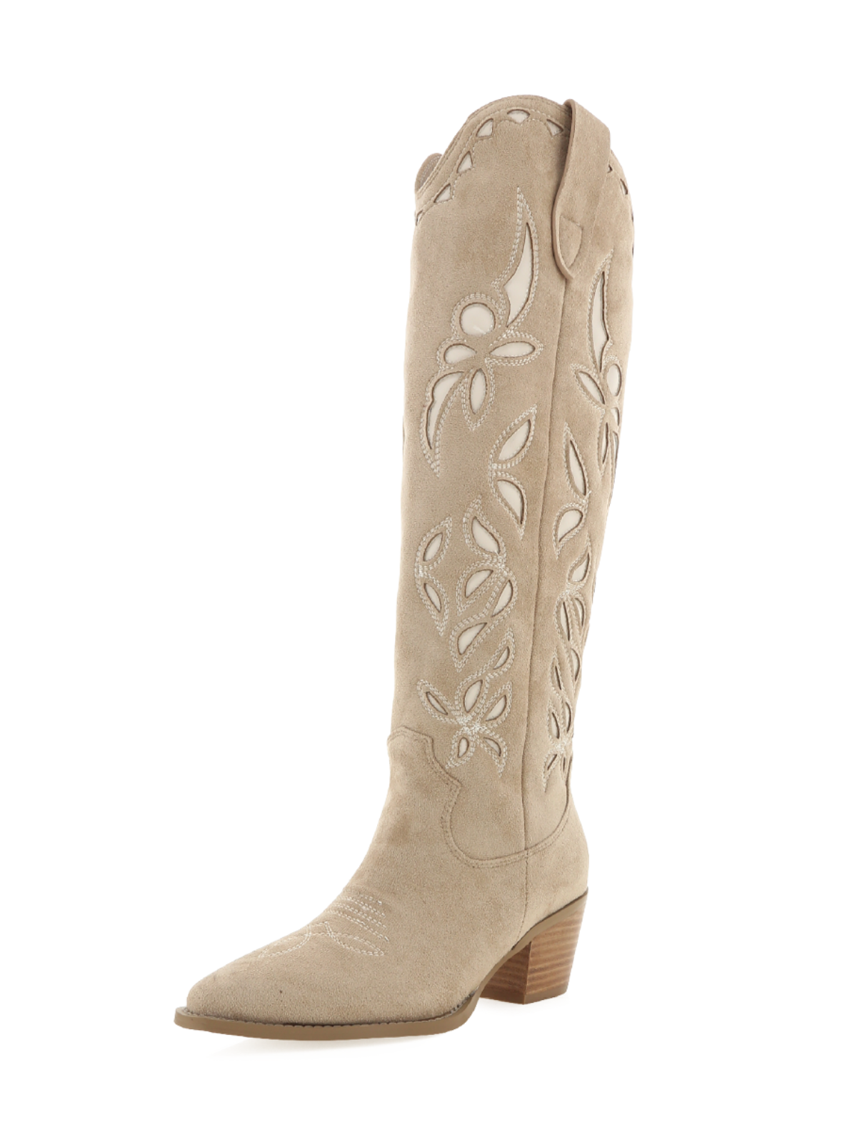 Taupe Faux Suede Snip-Toe Embroidery And Inlay Wide Calf Tall Knee High Cowgirl Boots