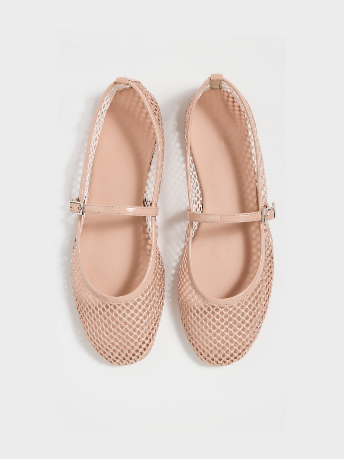 Blush Beige Fishnet Ballet Flats Mary Janes With Thin Buckle Strap