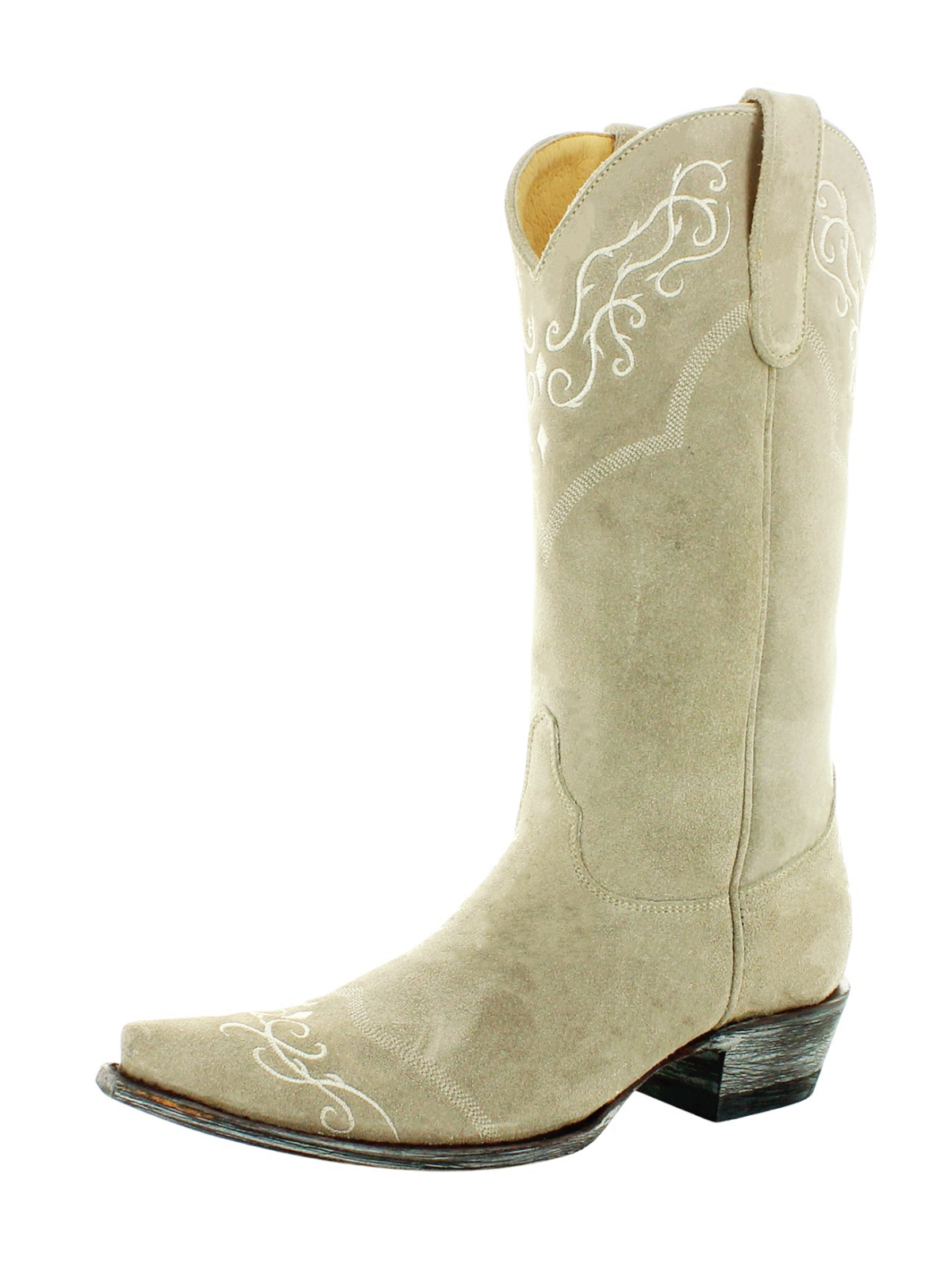 Beige Faux Suede Snip-Toe Embroidery Tall Wide Mid Calf Cowgirl Boots