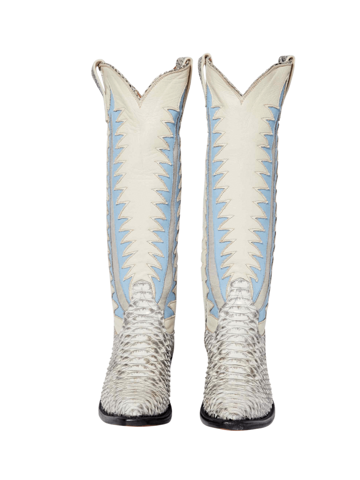 Contrast Cream And Snakeskin Vegan Leather Leaf Inlay Wide Calf Tall Knee High Cowgirl Boots