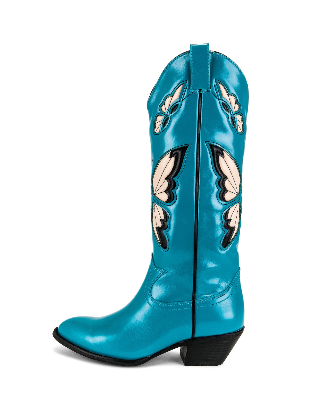 Blue Round-Toe Butterfly Inlay Wide Mid Calf Cowgirl Boots