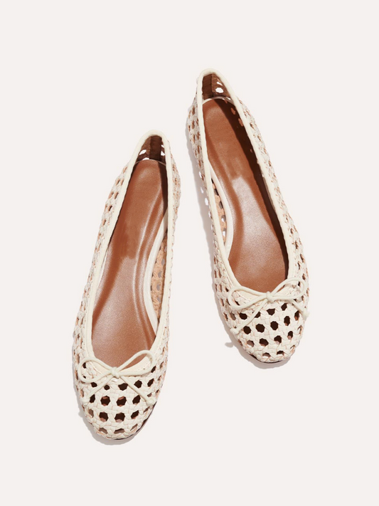 White Woven Bow Hollow-Out Round-Toe Slip-On Ballet Flats