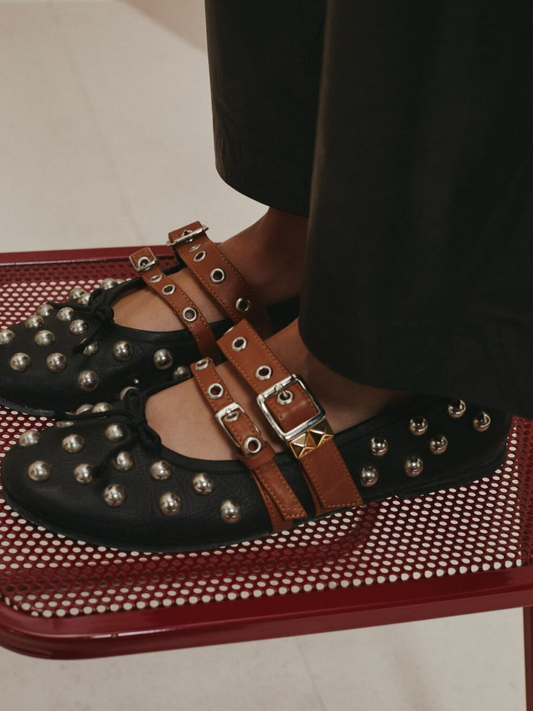 Black Bow Stud Ballet Flats Mary Janes With Grommet Eyelet Buckled Strap