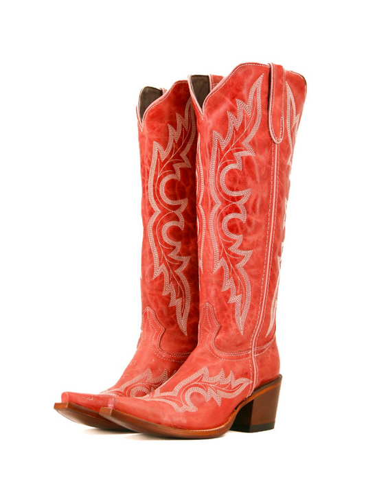 Distressed Red Snip-Toe Half-Zip Classic Embroidery Knee High Tall Cowgirl Boots