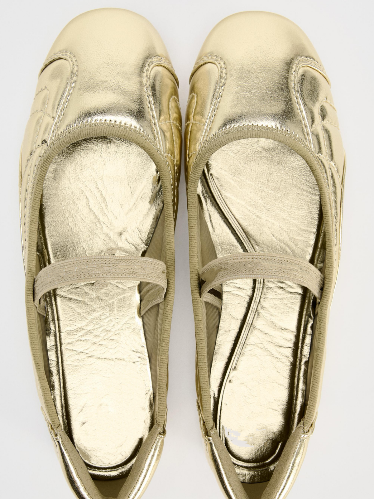 Metallic Gold Round-Toe Elastic Strap Ballet Flats