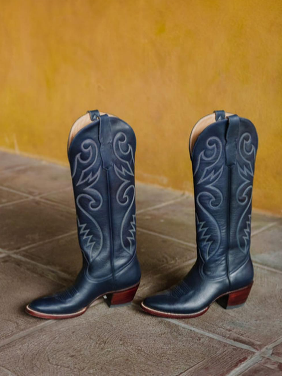 Navy Blue Embroidery Almond-Toe Wide Mid Calf Tall Cowgirl Boots