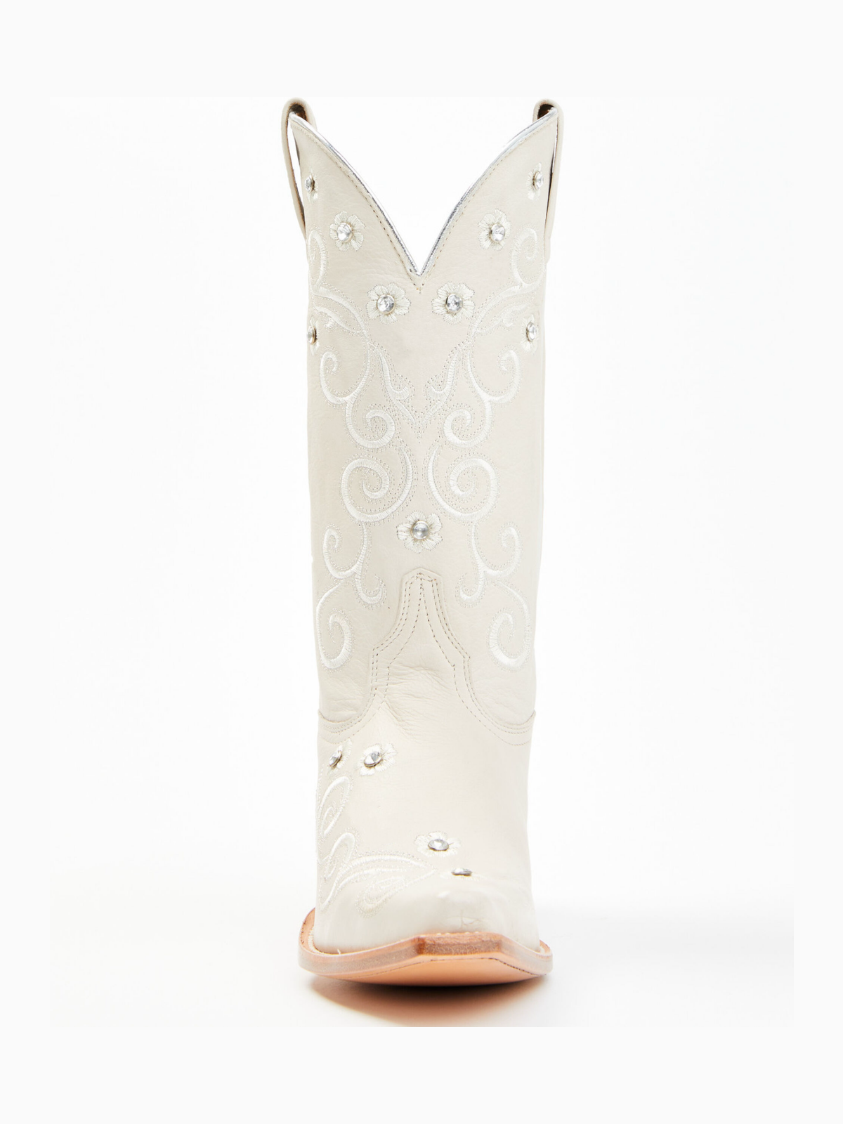 Ivory Floral And Filigree Embroidery Studded Snip-Toe Wide Mid Calf Tall Cowgirl Boots