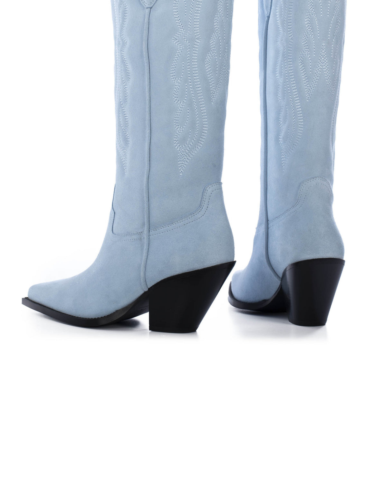 Wing Embroidery Faux Suede Pointed-Toe Wide Calf Tall Knee High Cowgirl Boots - Sky Blue