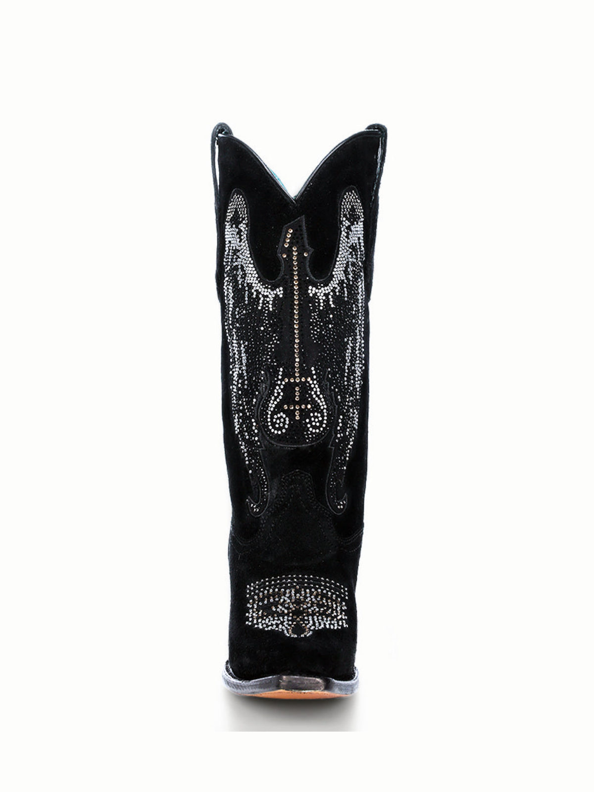 Black Faux Suede Snip-Toe Studded Rhinestone Wide Mid Calf Tall Cowgirl Boots