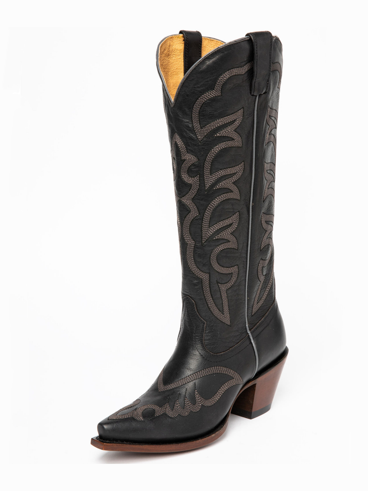 Black Embroidery Snip-Toe Tall Wide Mid Calf Cowgirl Boots For Women