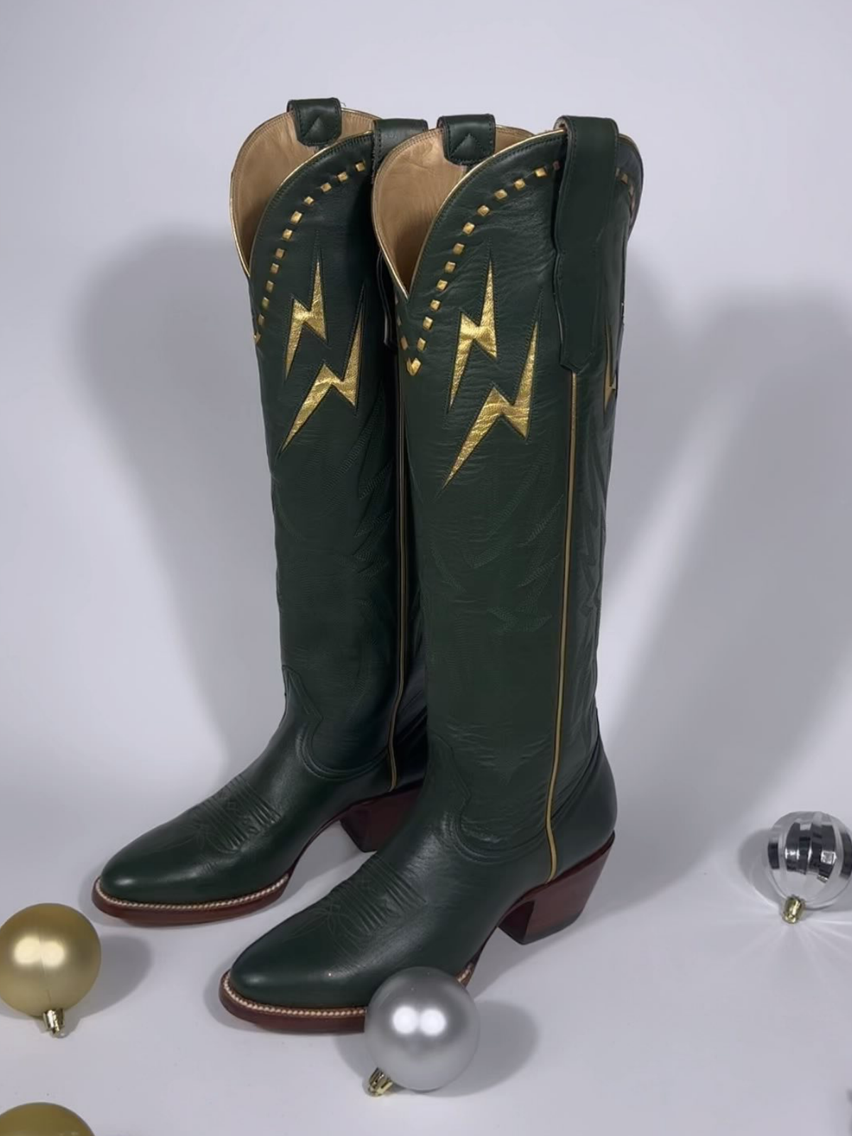 Metallic Gold Lightning Inlay Stitch Embroidery Wide Mid Calf Tall Cowgirl Boots - Dark Green