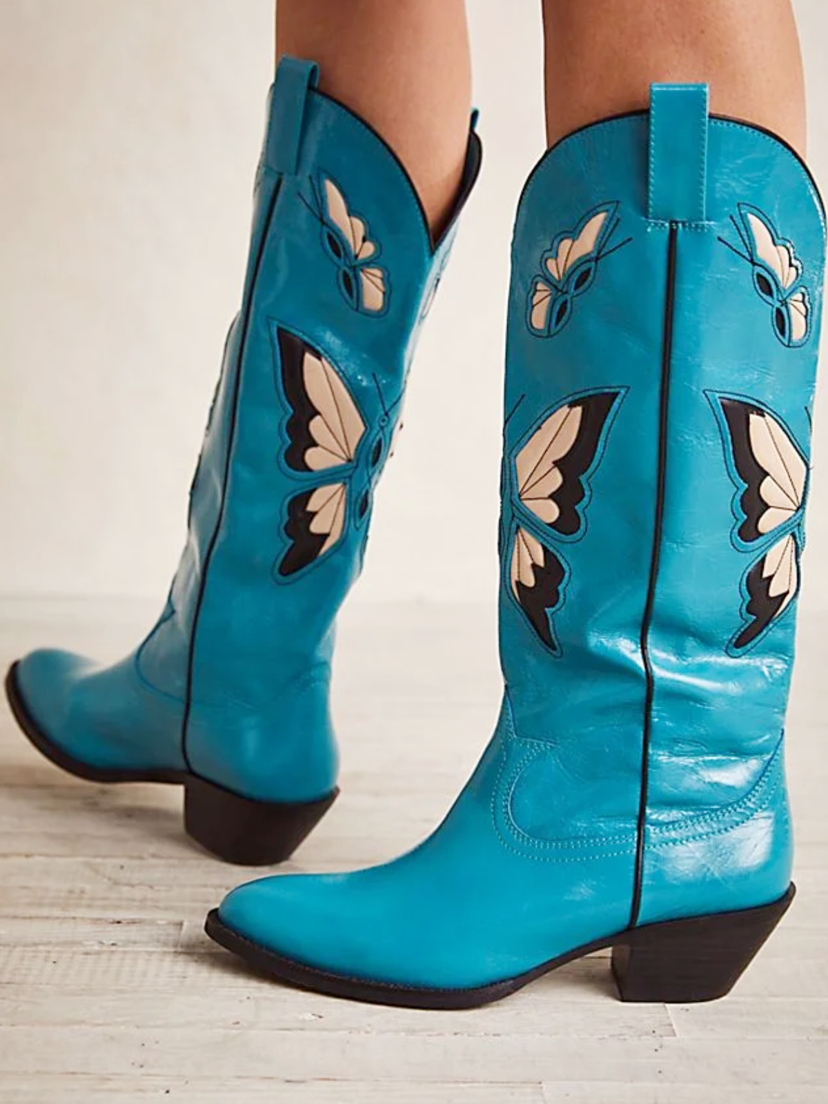 Blue Round-Toe Butterfly Inlay Wide Mid Calf Cowgirl Boots