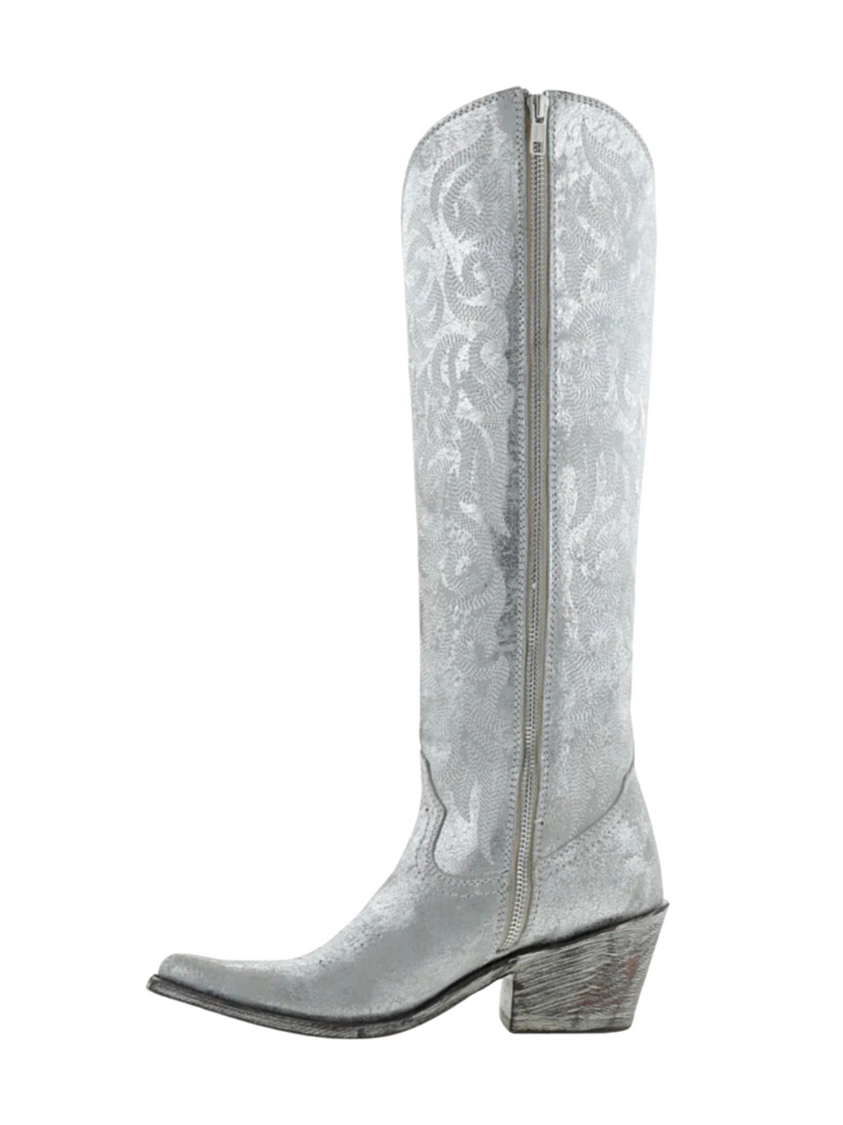 Distressed Metallic Round Pointed-Toe Embroidery Full-Zip Tall Knee High Cowgirl Boots - Silver