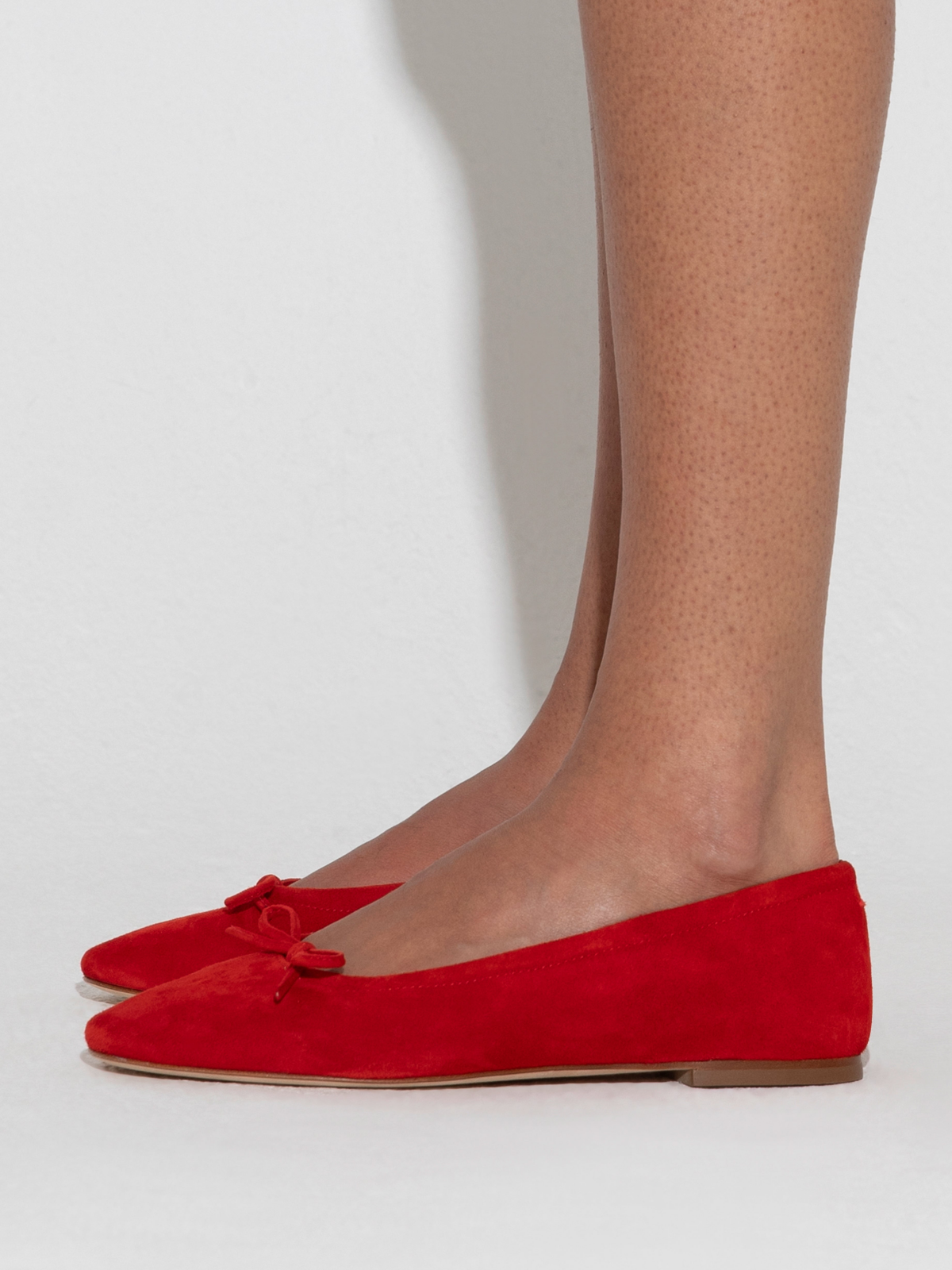 Red Faux Suede Square-Toe Ballet Bow Flats