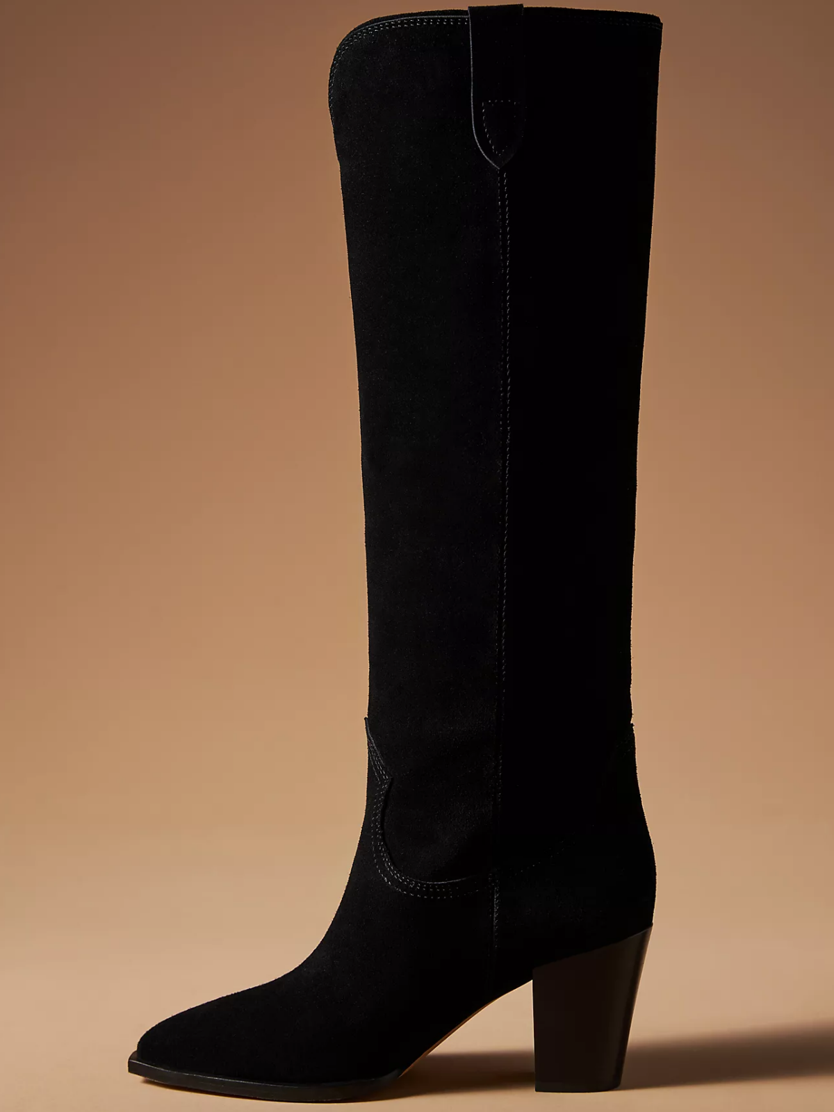 Black Faux Suede Almond-Toe Wide Mid Calf Western Boots For Women