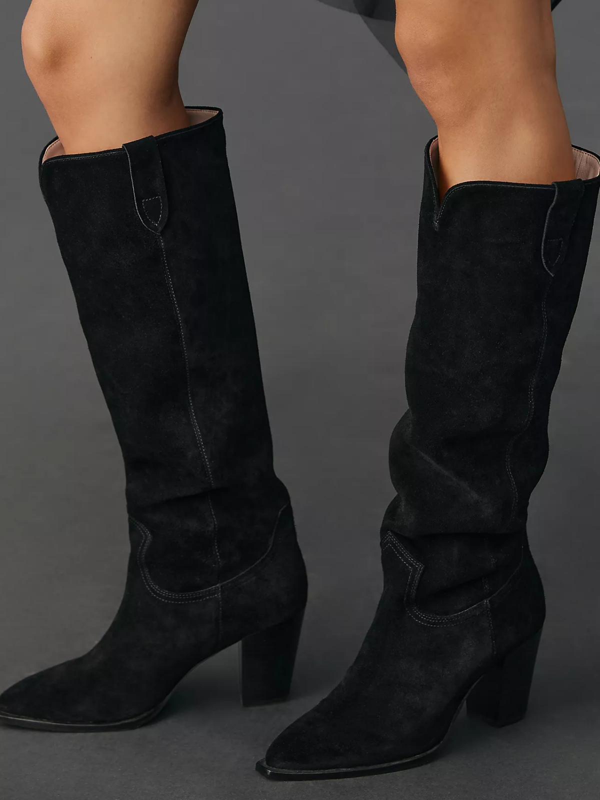 Black Faux Suede Almond-Toe Wide Mid Calf Western Boots For Women