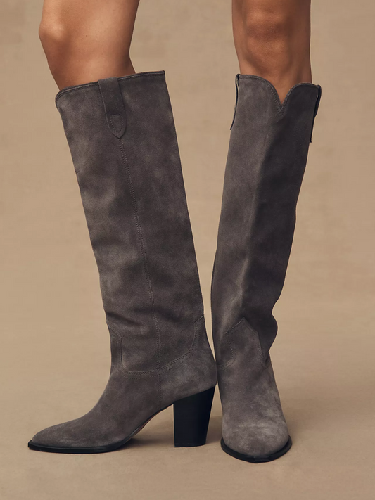 Dark Gray Faux Suede Almond-Toe Wide Mid Calf Western Boots For Women