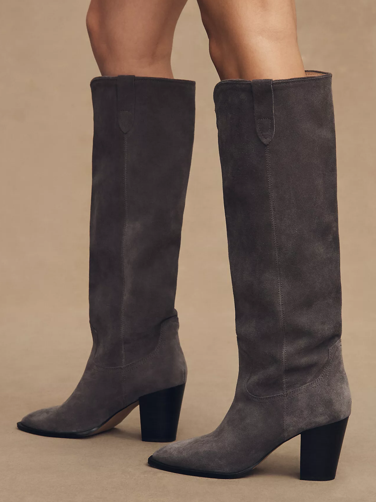 Dark Gray Faux Suede Almond-Toe Wide Mid Calf Western Boots For Women