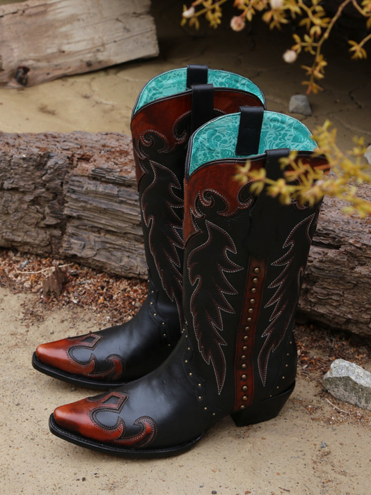 Black Snip-Toe Half-Zip Studded Embroidery Applique Mid Calf Cowgirl Boots