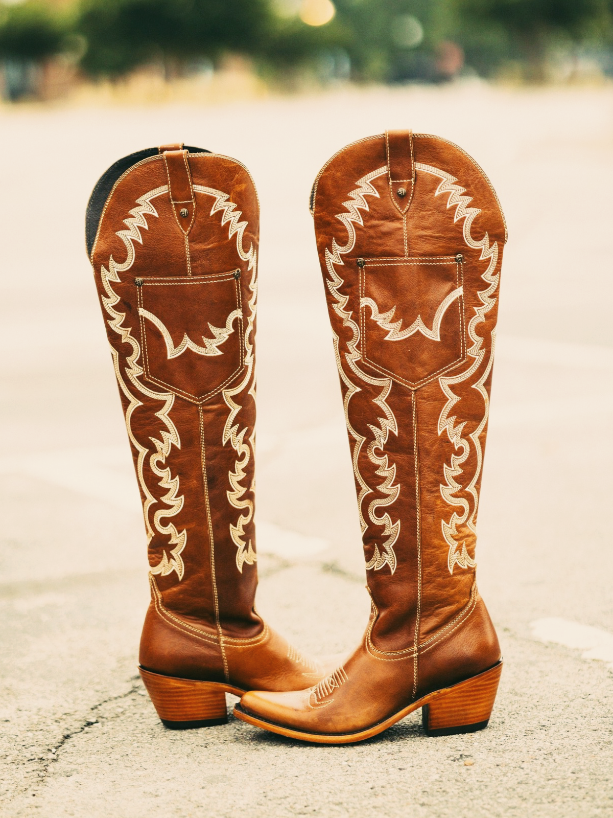 Brown Embroidery Pointed-Toe Over-The-Knee Western Boots Half-Zip Pocket Cowgirl Boots