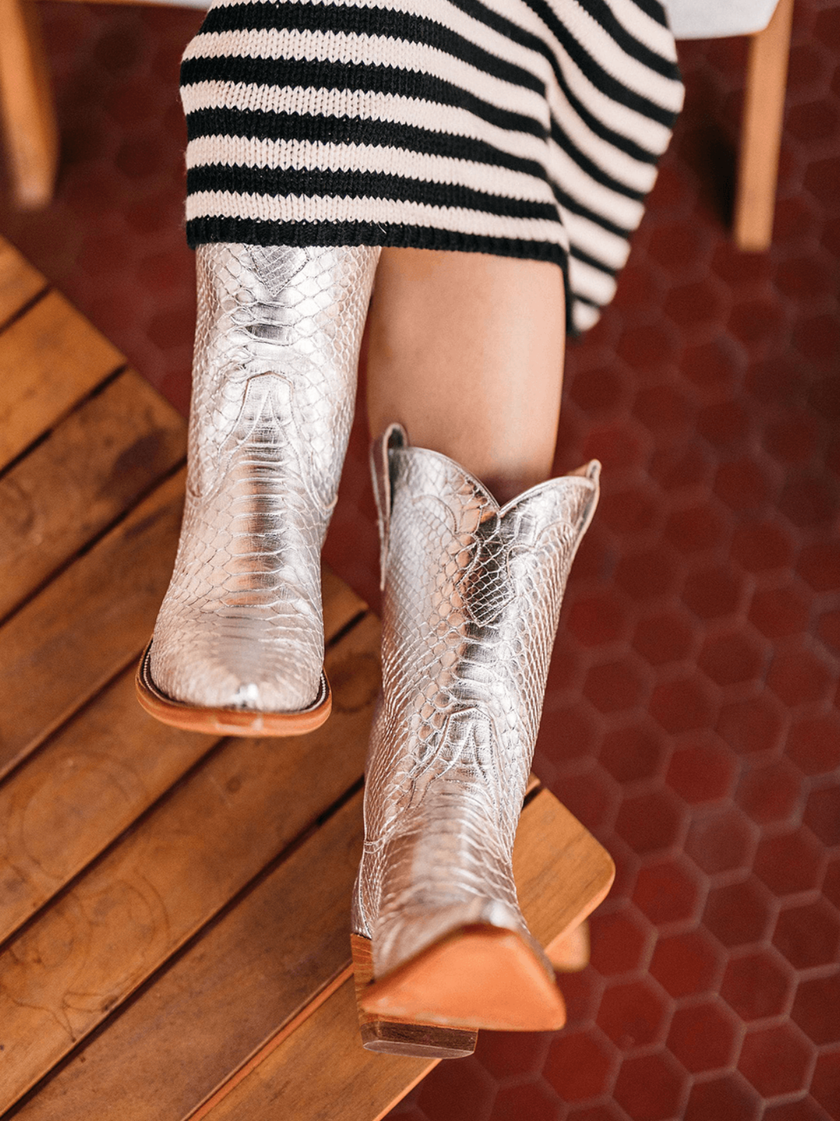 Snip-Toe Wide Mid Calf Cowgirl Boots - Metallic Silver Snakeskin Vegan Leather