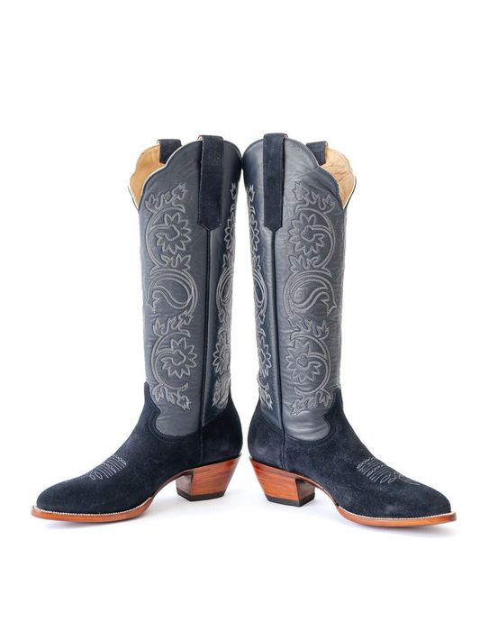 Navy Blue Floral Embroidery Faux Suede Almond-Toe Wide Calf Cowgirl Knee High Tall Boots