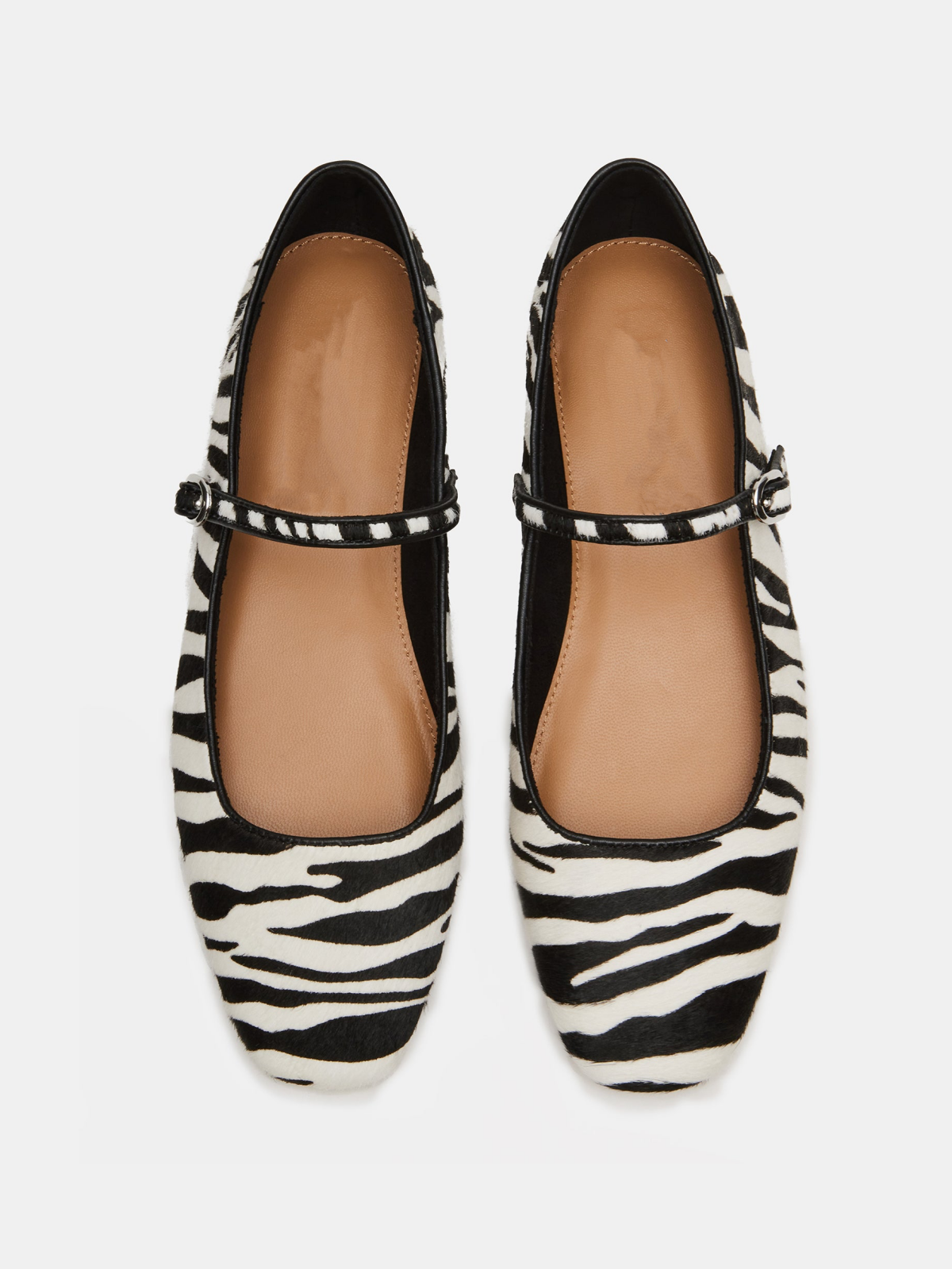 Zebra-Print Pony Hair Square-Toe Bridge Strap Mary Janes Ballet Flats