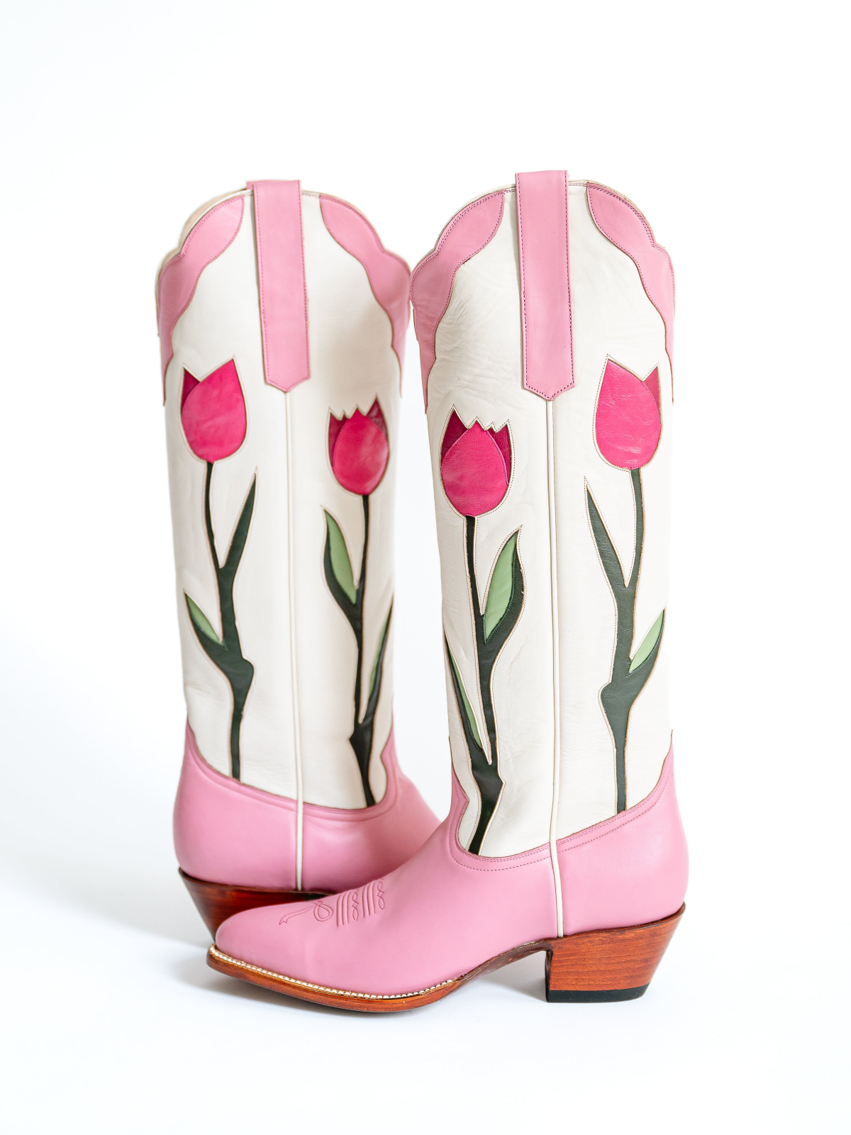 Contrast Pink And Ivory Almond-Toe Tulip Inlay Wide Calf Knee High Cowgirl Boots