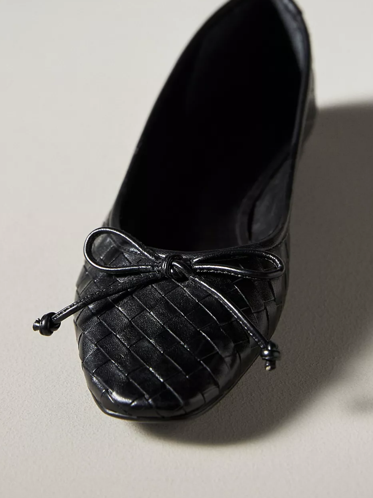 Black Woven Bow Square-Toe Slip-On Ballerina Flats