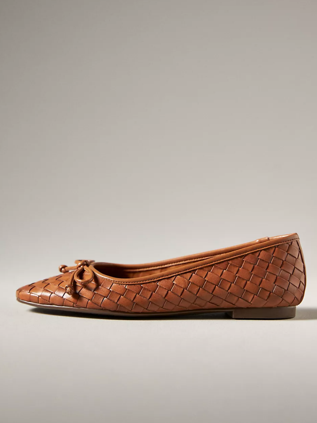 Brown Woven Bow Square-Toe Slip-On Ballerina Flats