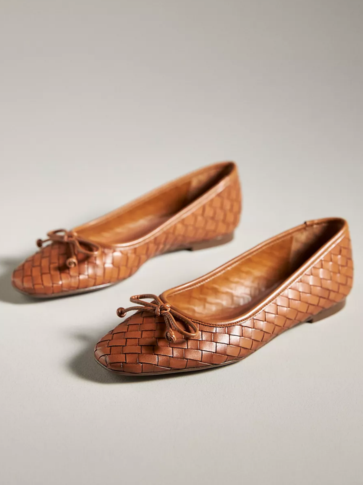 Brown Woven Bow Square-Toe Slip-On Ballerina Flats