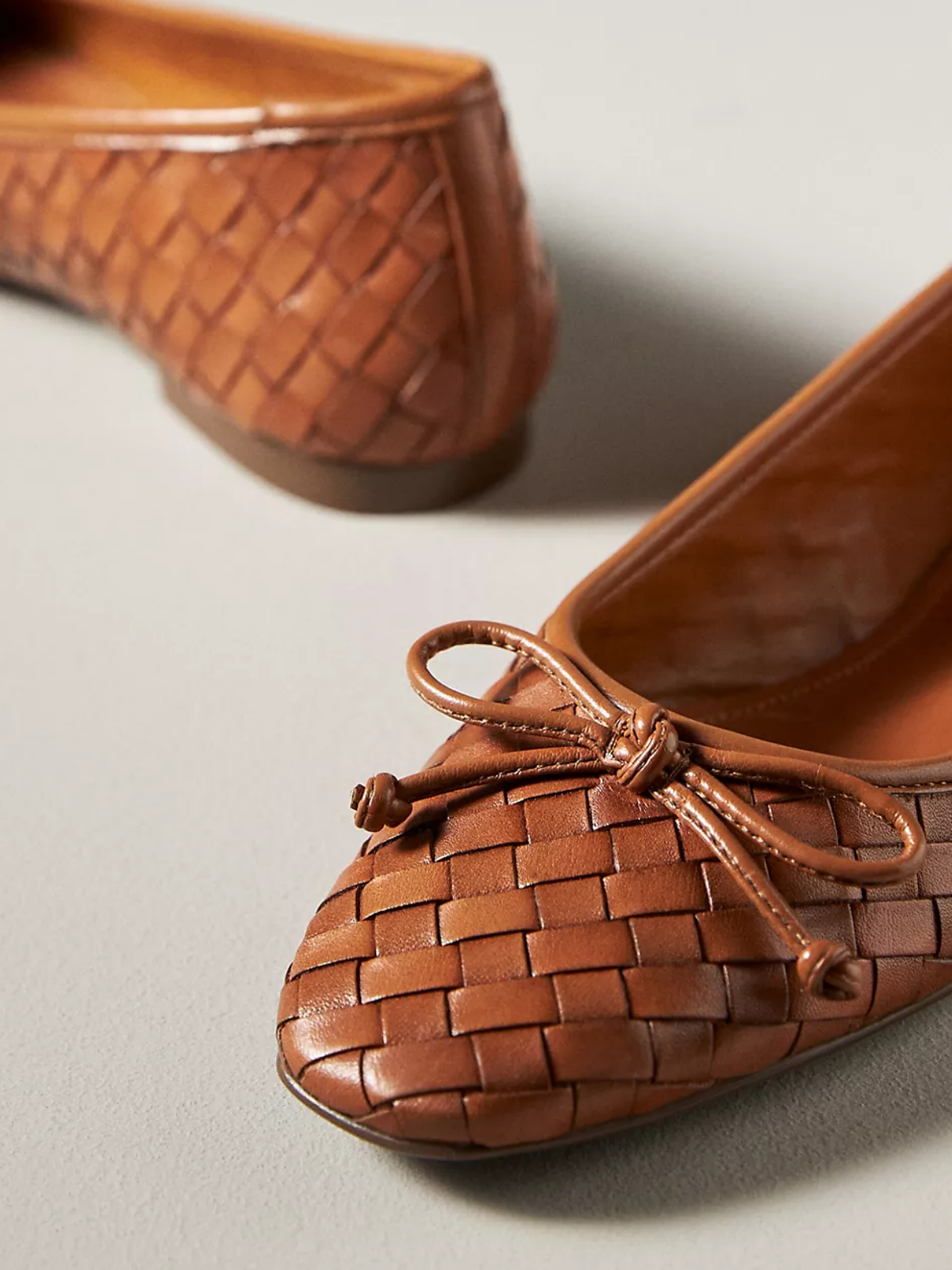 Brown Woven Bow Square-Toe Slip-On Ballerina Flats