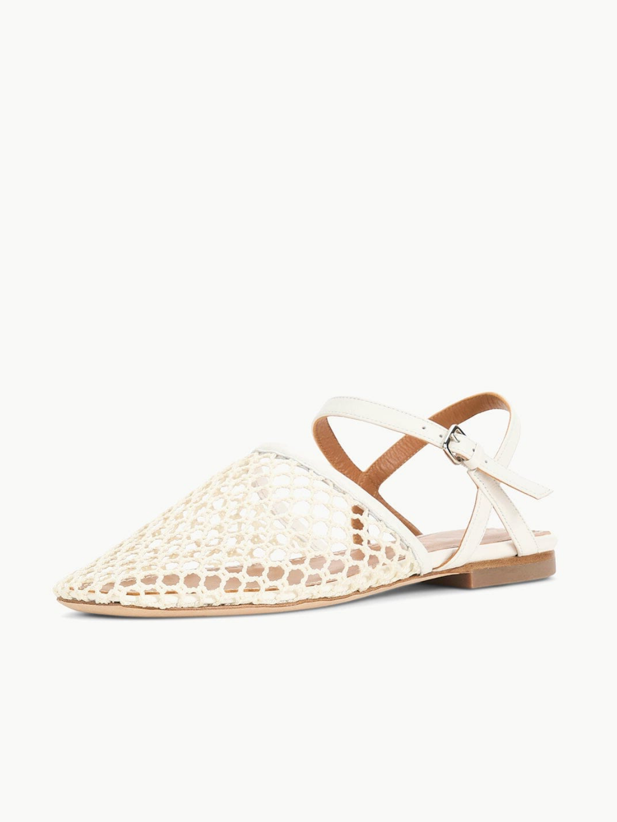 White Netting Square Toe Flats Sandals With Ankle Strap