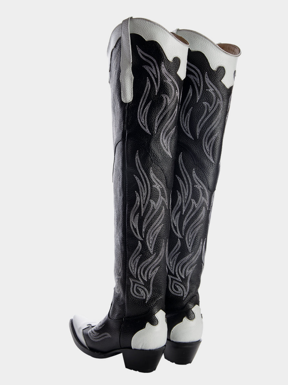 Contrast Black And White Snip-Toe Embroidery Wide Calf Over-The-Knee Western Boots