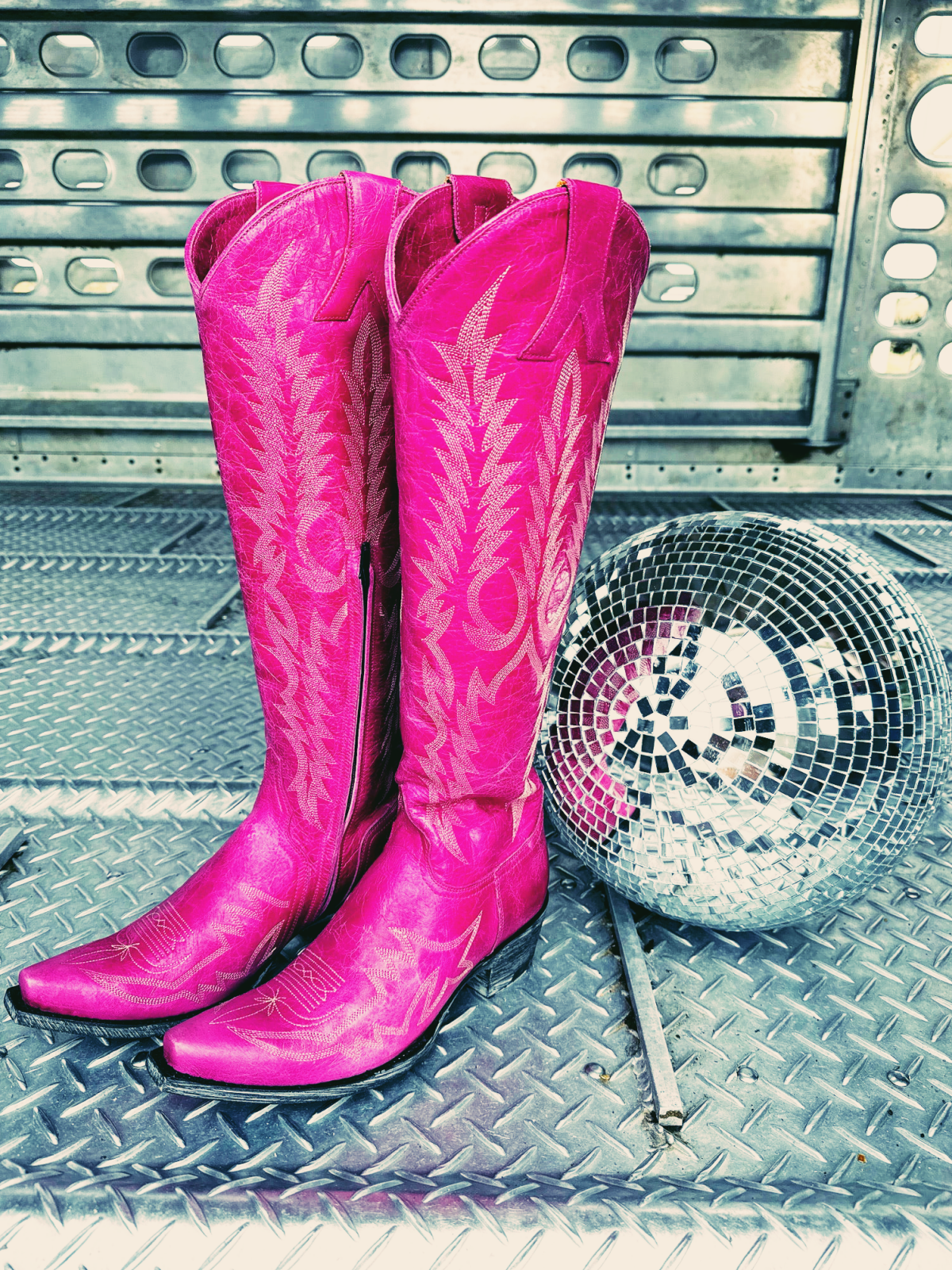 Hot Pink Crinkle Embroidery Snip-Toe Half-Zip Western Boots Knee High Tall Boots