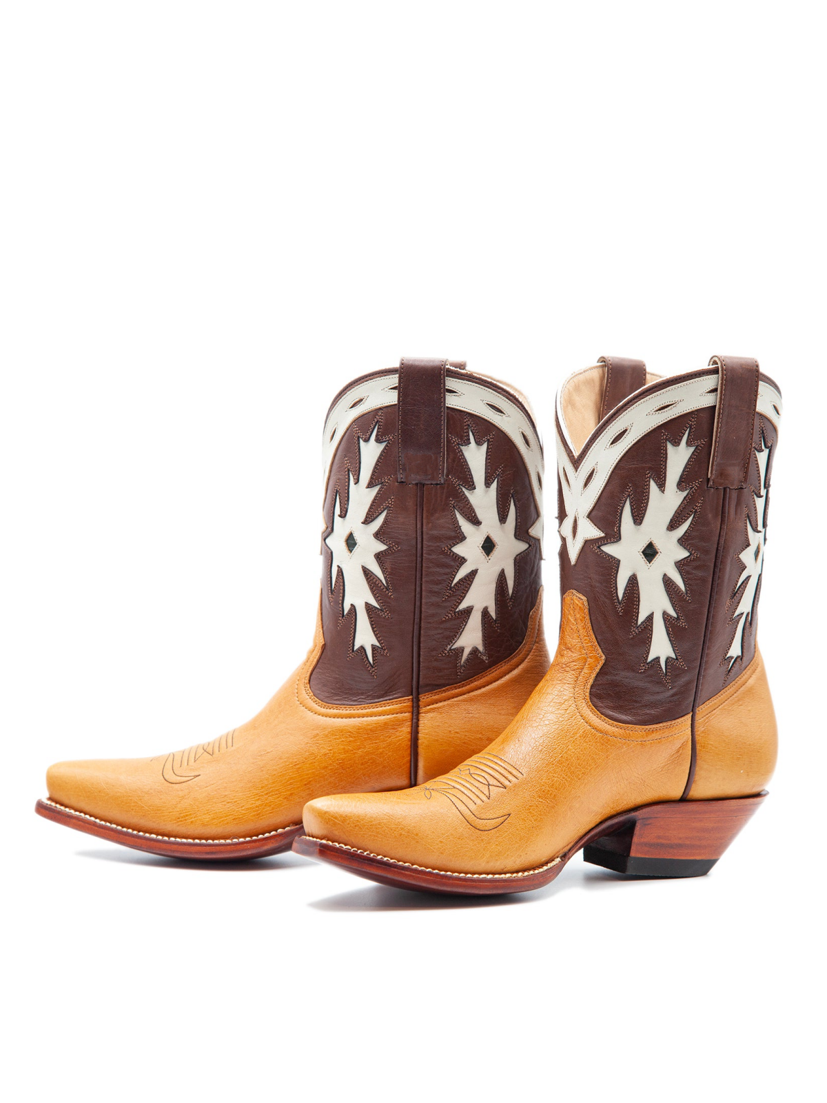 Contrast Tan And Brown Snip-Toe White Inlay Wide Mid Calf Cowgirl Boots