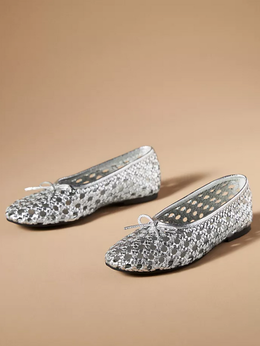 Metallic Silver Boho Woven Hollow-Out Ballet Flats With Dainty Bow