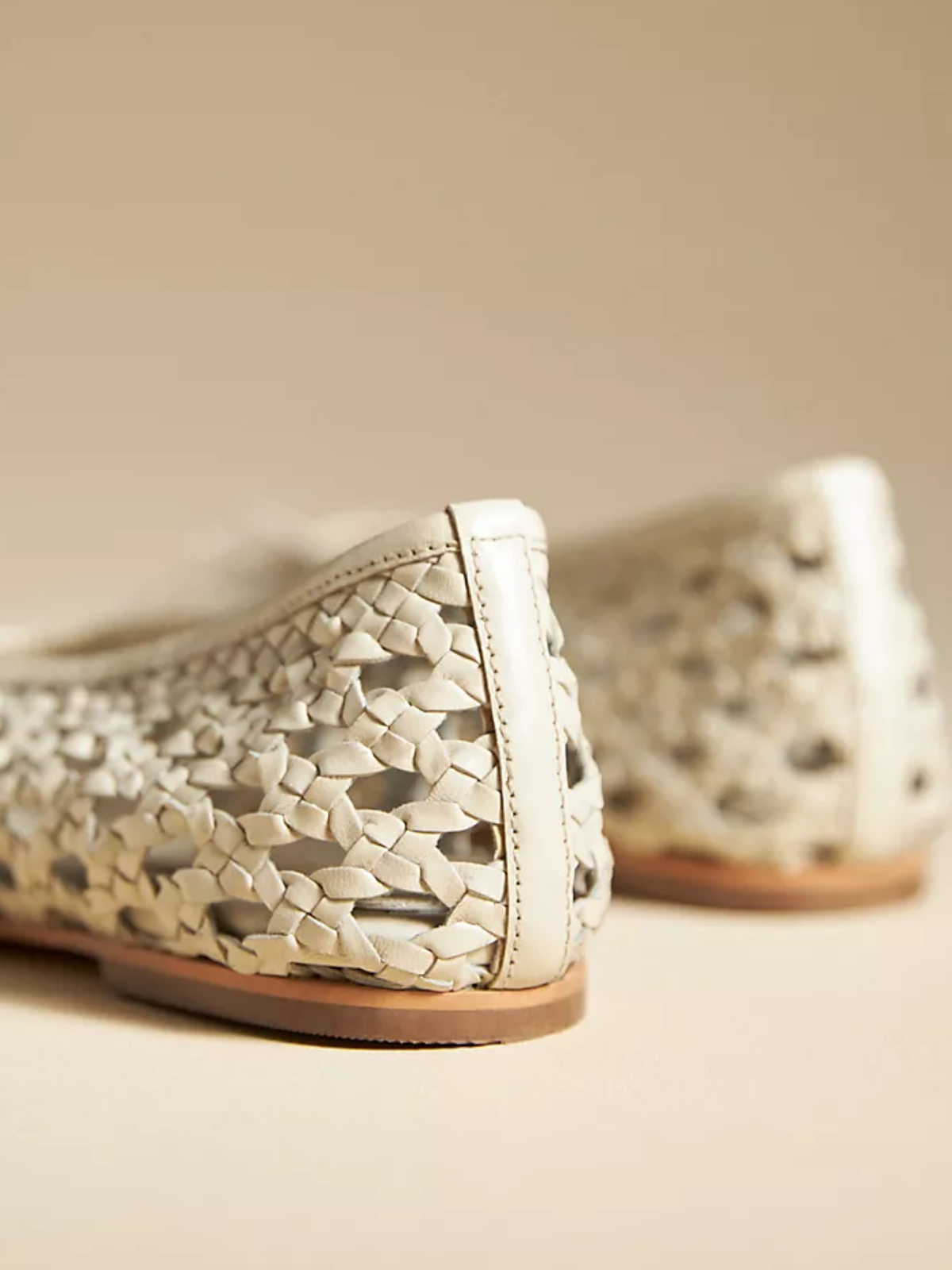 Cream Boho Woven Hollow-Out Ballet Flats With Dainty Bow